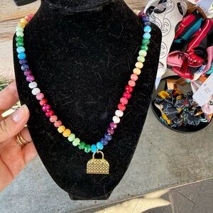 Multicolor Beaded Necklace with Gold Purse Pendant